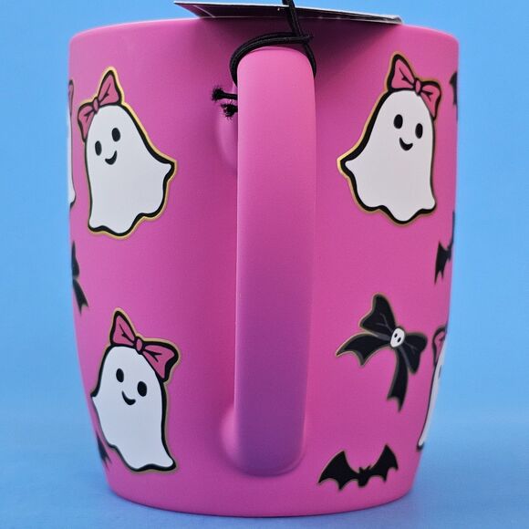 Hot Pink Ghost Halloween Mug Soft Touch Bats Bows Cobwebs & Cauldrons Coffee Cup - Picture 6 of 14